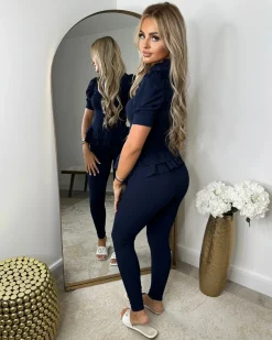 Piper Gold Button Short Sleeve Ribbed Loungeset - Navy