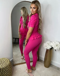 Piper Gold Button Short Sleeve Ribbed Loungeset - Fuchsia