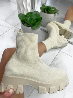 Polly Sock Ankle Boots - Cream