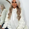 Rachael Ruched Sleeve Hoodie with Ribbon Detail - Cream