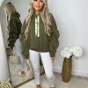 Rachael Ruched Sleeve Hoodie with Ribbon Detail - Khaki
