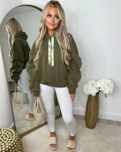 Rachael Ruched Sleeve Hoodie with Ribbon Detail - Khaki
