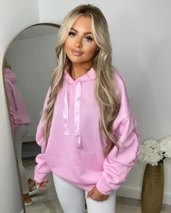 Rachael Ruched Sleeve Hoodie with Ribbon Detail - Baby Pink