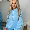 Rachael Ruched Sleeve Hoodie with Ribbon Detail - Baby Blue