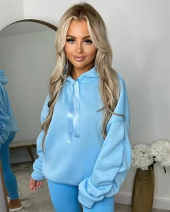 Rachael Ruched Sleeve Hoodie with Ribbon Detail - Baby Blue