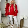 Rachael Ruched Sleeve Hoodie with Ribbon Detail - Red