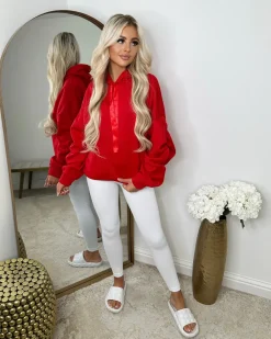 Rachael Ruched Sleeve Hoodie with Ribbon Detail - Red