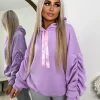 Rachael Ruched Sleeve Hoodie with Ribbon Detail - Lilac