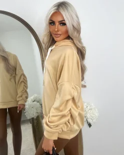 Rachael Ruched Sleeve Hoodie with Ribbon Detail - Beige