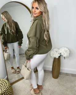 Rachael Ruched Sleeve Hoodie with Ribbon Detail - Khaki