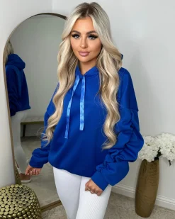 Rachael Ruched Sleeve Hoodie with Ribbon Detail - Royal Blue