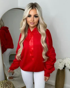 Rachael Ruched Sleeve Hoodie with Ribbon Detail - Red