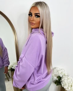 Rachael Ruched Sleeve Hoodie with Ribbon Detail - Lilac