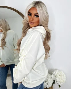 Rachael Ruched Sleeve Hoodie with Ribbon Detail - Cream