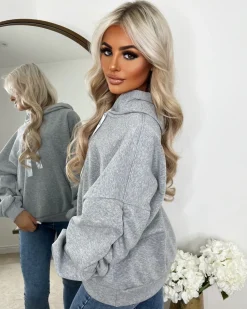 Rachael Ruched Sleeve Hoodie with Ribbon Detail - Grey