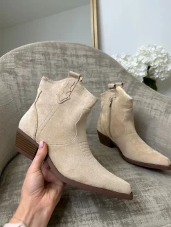 River Suede Ankle Cowboy Boots - Beige