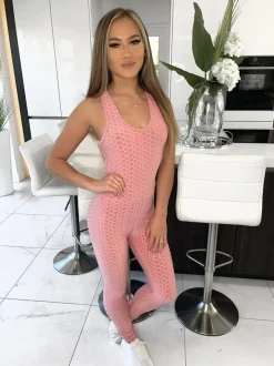 Rory Waffle Long Backless Unitard - Pink