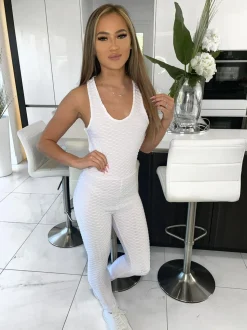 Rory Waffle Long Backless Unitard - White