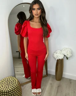 Saskia Silk Puff Sleeve Ribbed Lounge set - Red