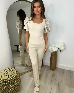 Saskia Silk Puff Sleeve Ribbed Lounge set - Beige