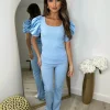 Saskia Silk Puff Sleeve Ribbed Lounge set - Sky Blue