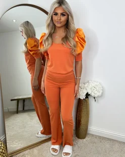Saskia Silk Puff Sleeve Ribbed Lounge set - Orange