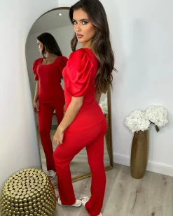 Saskia Silk Puff Sleeve Ribbed Lounge set - Red