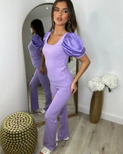 Saskia Silk Puff Sleeve Ribbed Lounge set - Lilac
