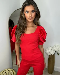 Saskia Silk Puff Sleeve Ribbed Lounge set - Red