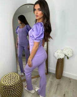 Saskia Silk Puff Sleeve Ribbed Lounge set - Lilac