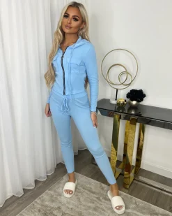 Simone Zip Front Pocket Detail Loungewear - Baby Blue