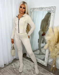 Simone Zip Front Pocket Detail Loungewear - Beige