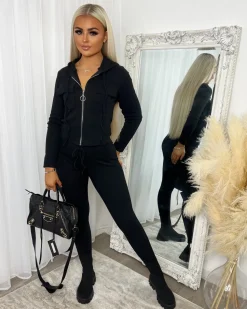 Simone Zip Front Pocket Detail Loungewear - Black