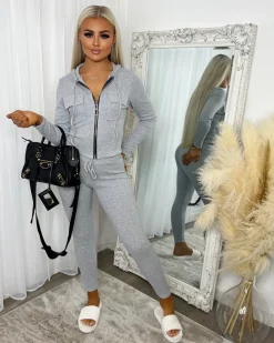 Simone Zip Front Pocket Detail Loungewear - Grey