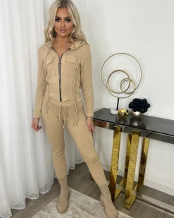 Simone Zip Front Pocket Detail Loungewear - Camel