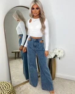 Sylvia Mid Blue Cut Out Pocket Wide Leg Jean