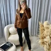 Thea Fitted Gold Button Blazer - Chocolate