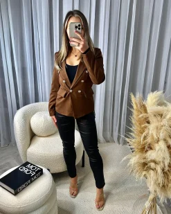 Thea Fitted Gold Button Blazer - Chocolate