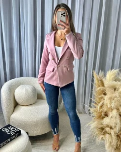 Thea Fitted Gold Button Blazer - Dusky Pink
