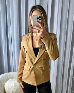 Thea Fitted Gold Button Blazer - Camel