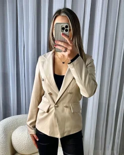 Thea Fitted Gold Button Blazer - Beige