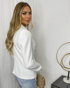 Thea Fitted Gold Button Blazer - White
