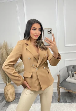Thea Fitted Gold Button Blazer - Camel