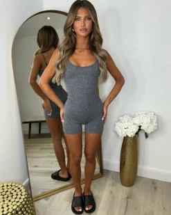 Trixie Short Spaghetti Strap Unitard - Charcoal Grey
