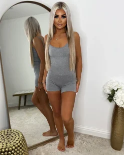 Trixie Short Spaghetti Strap Unitard - Light Grey